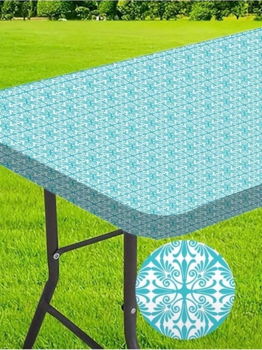 Aqua Tile-Print Stretchy Fitted 6ft Table Cover - Home Dining Table Linen
